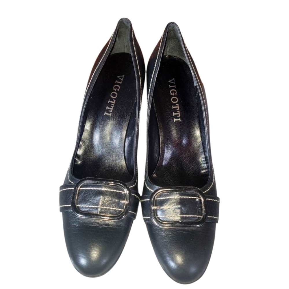 Vigotti Black Women's Buckle Detail Round Toes Made In Spain Leather Heels Sz 11